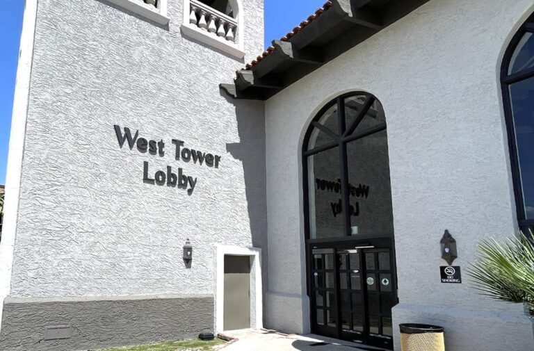 West Tower Lobby Sign and Entrance Door